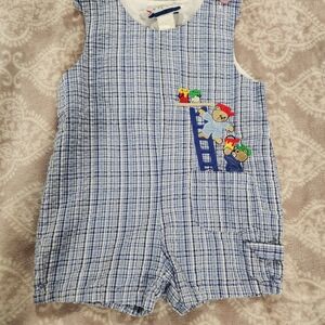 Vintage 90s Blue Plaid Baby Romper with Bear Embroidery